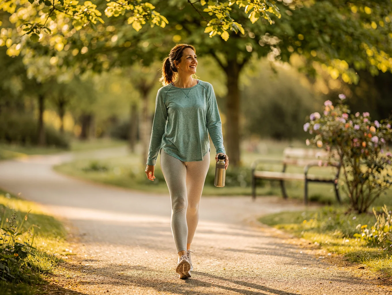 Adult in healthy motion walking outdoors in the mountain air of North Carolina