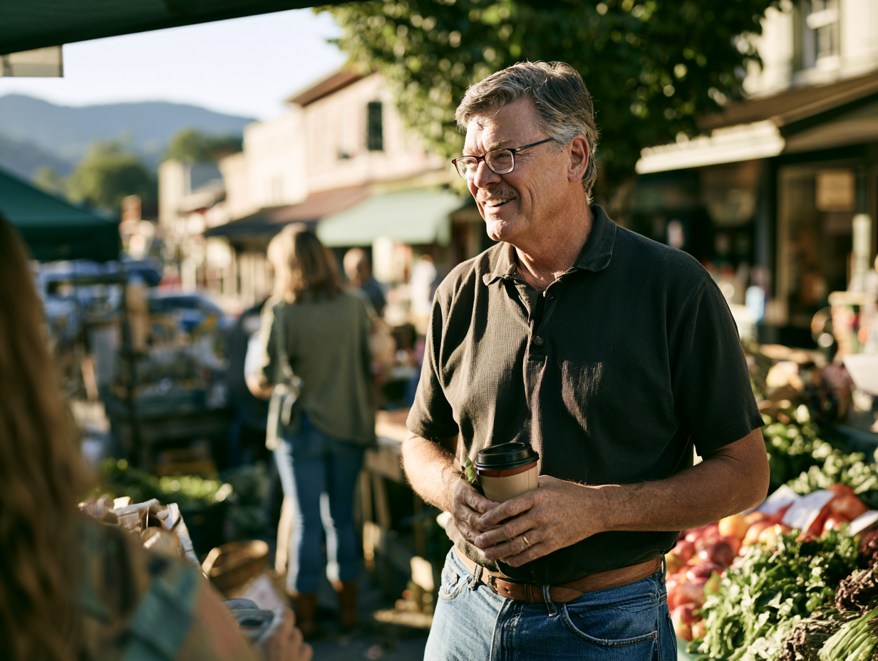 Vibrant smiling man with glasses holding a coffee cup at an outdoor farmer's market